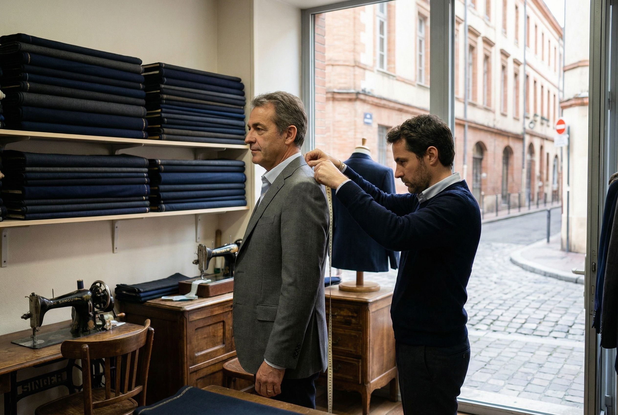 Découvrez l'excellence du tailleur pour votre costume de travail homme à Toulouse. Ajustement parfait, tissus haut de gamme et style professionnel sur-mesure avec Costumes.