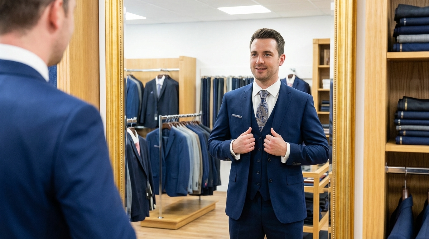 essayage costume demi mesure mariage bleu nuit