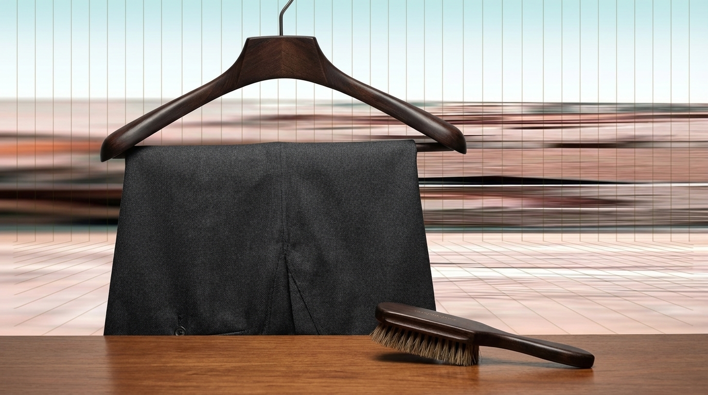 Entretien d'un costume homme élégant avec brosse textile et cintre large