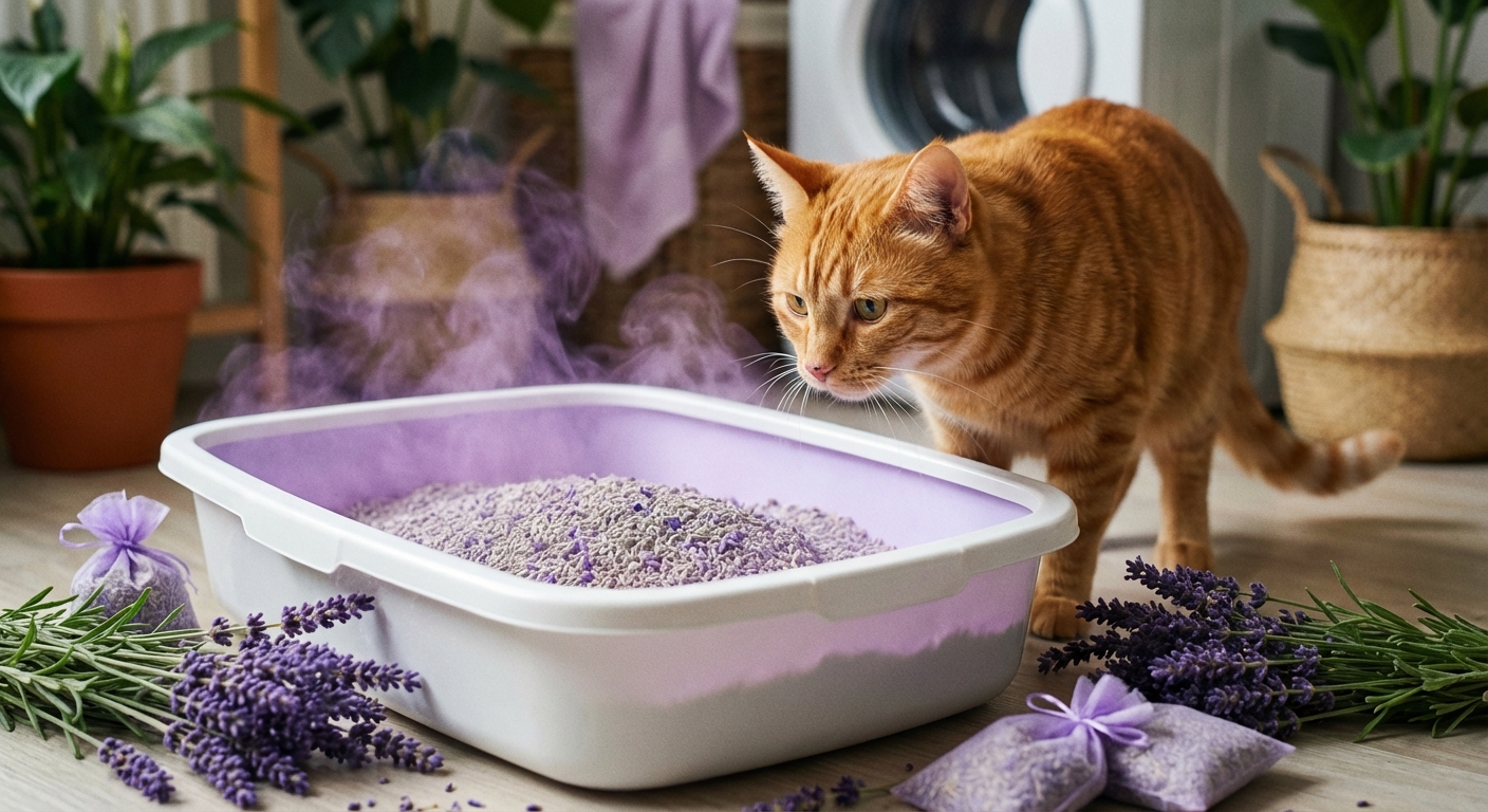 chat utilisant une litière lavande à base de soja