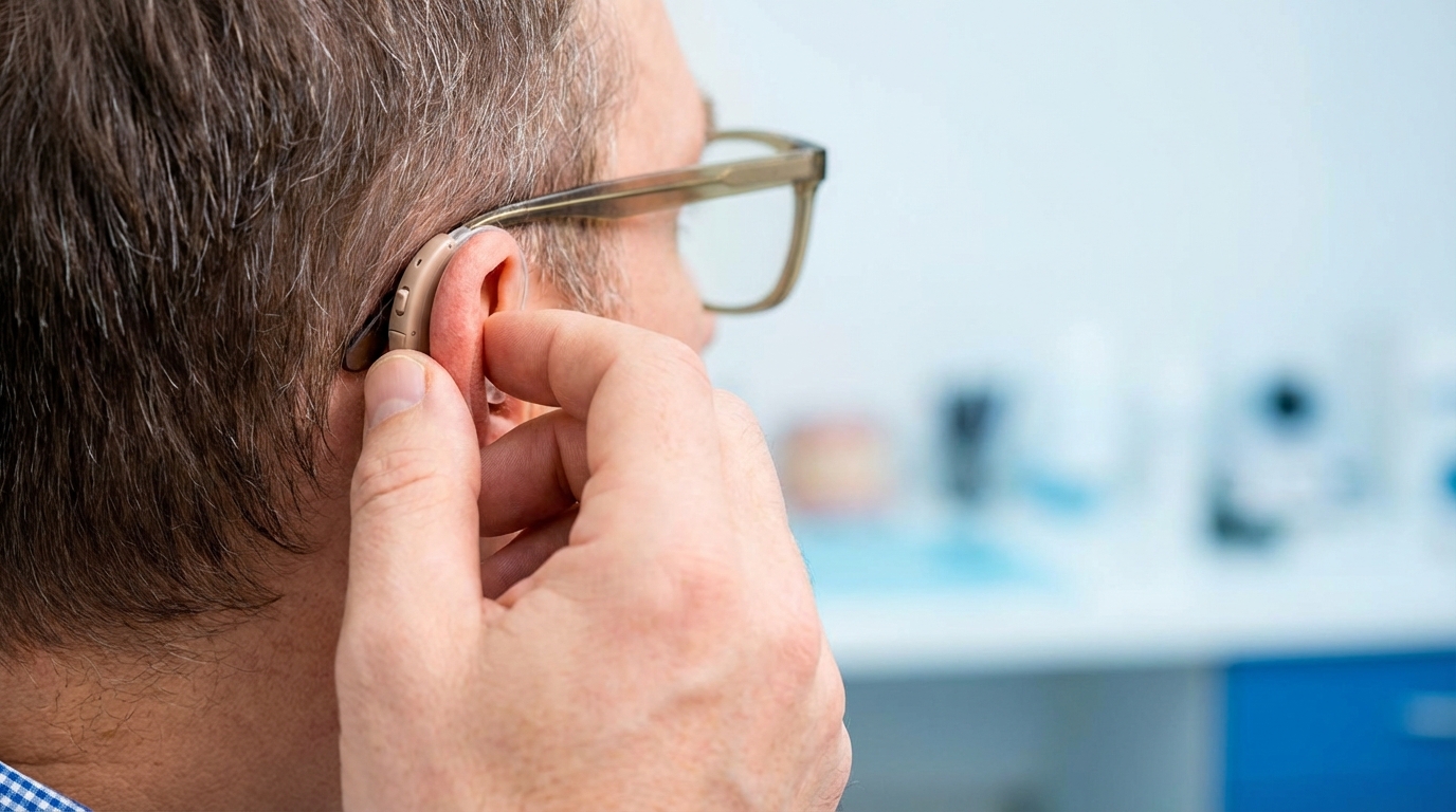 vérification du confort derrière l'oreille avec lunettes et appareil auditif