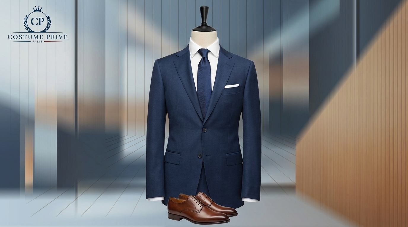 Costume business formel avec chemise blanche et accessoires costume sobres