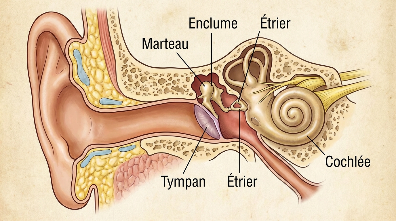 anatomie oreille humaine avec tympan osselets et cochl&eacute;e