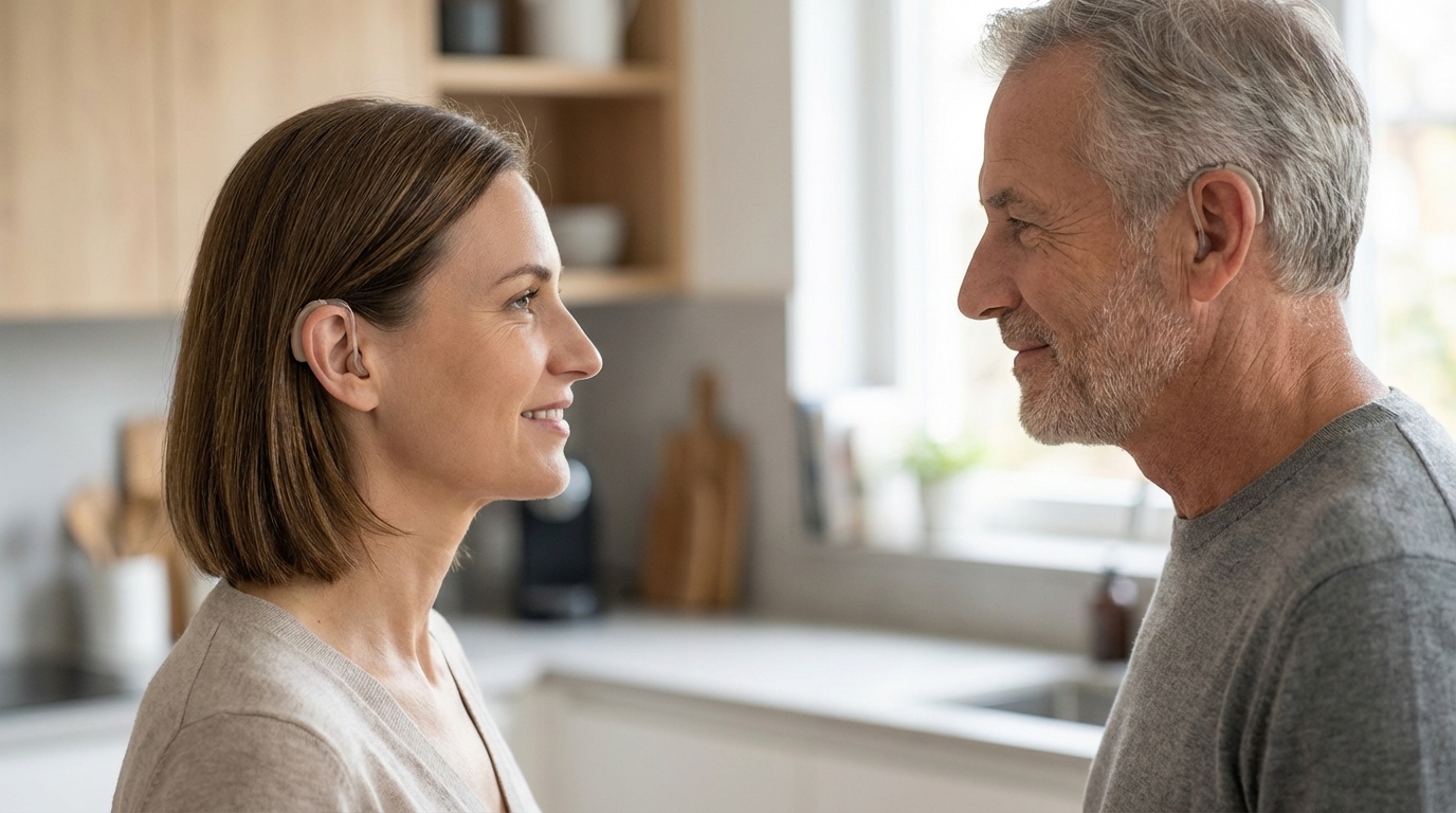 conversation claire avec aide auditive discrète dans un intérieur lumineux
