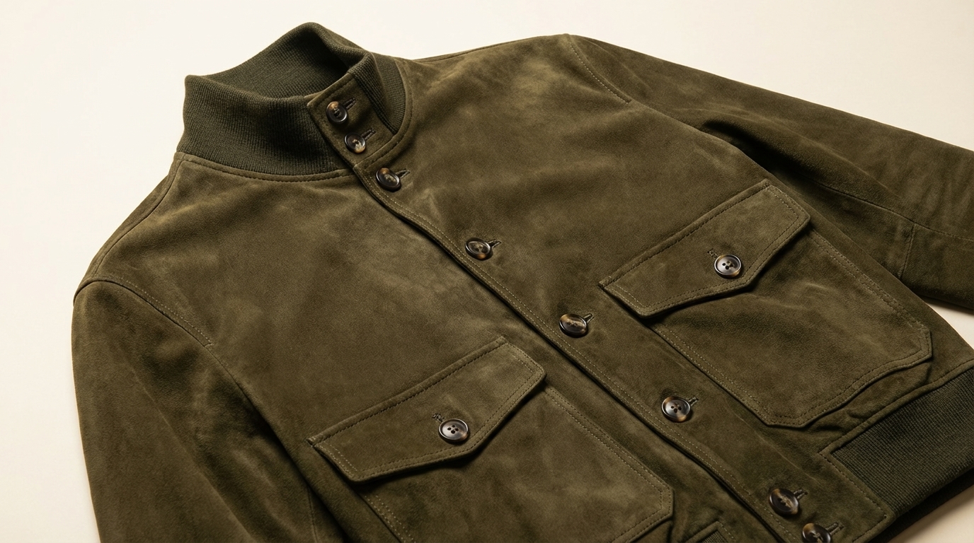 détails blouson daim sur mesure fermeture col poches