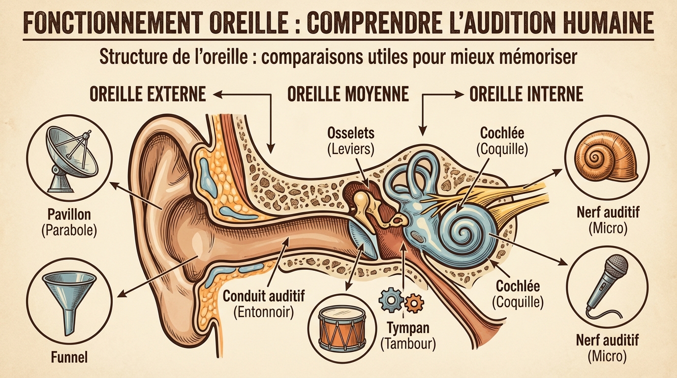Fonctionnement oreille : comprendre l&rsquo;audition humaine - Structure de loreille : comparaisons utiles pour mieux m&eacute;