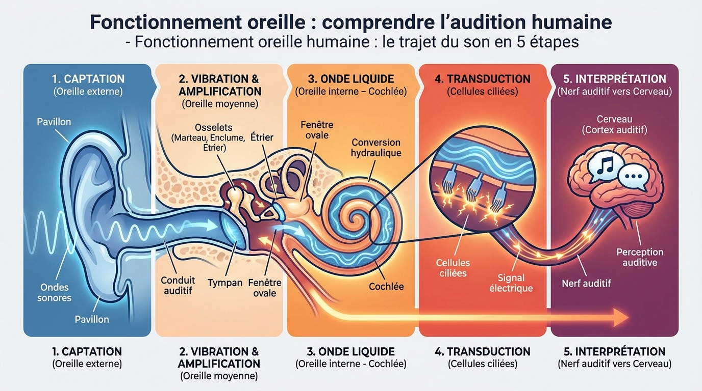 Fonctionnement oreille : comprendre l&rsquo;audition humaine - Fonctionnement oreille humaine : le trajet du son en 5 &eacute;t