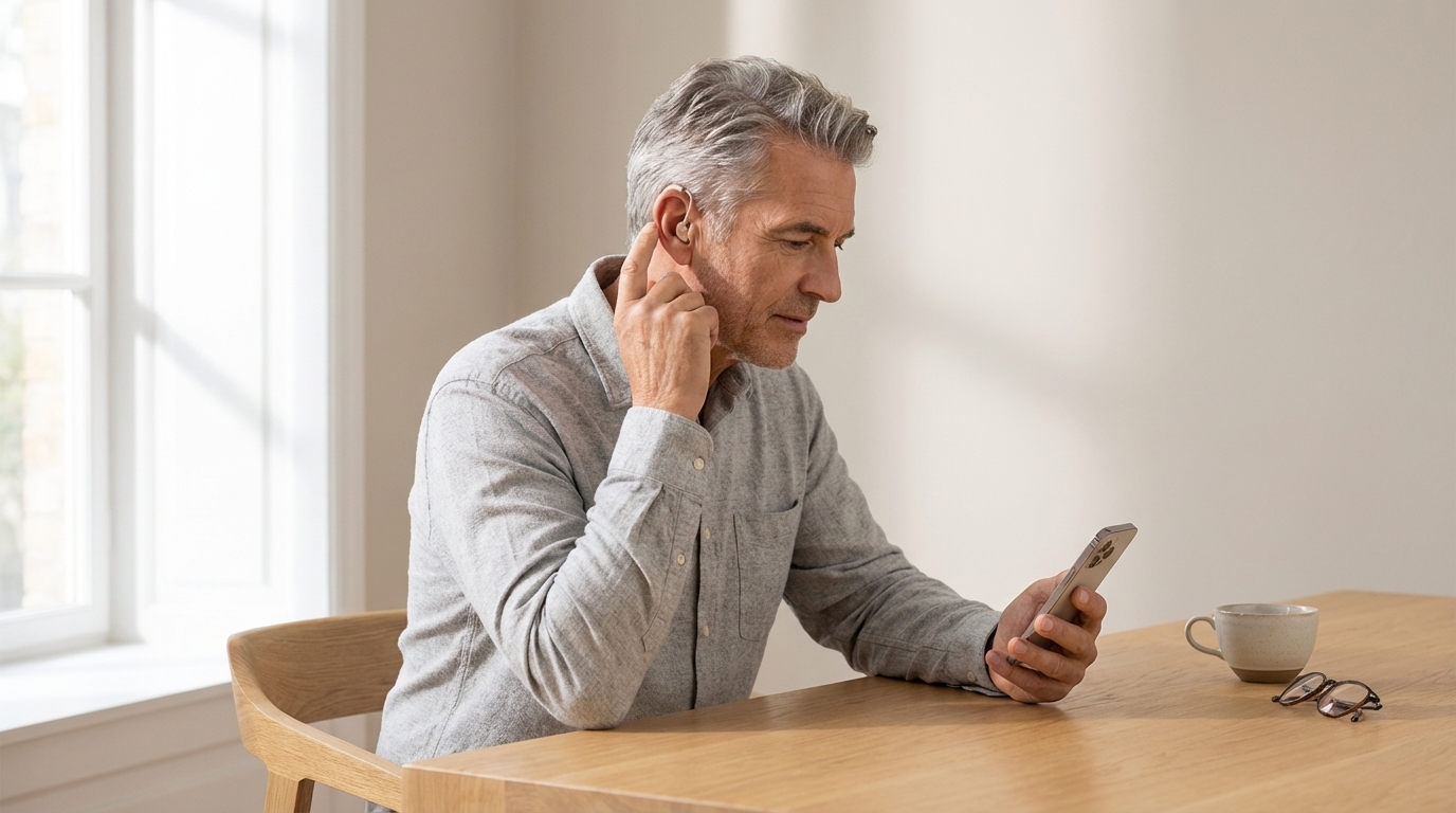 connexion smartphone avec aide auditive discrète dans un cadre domestique moderne