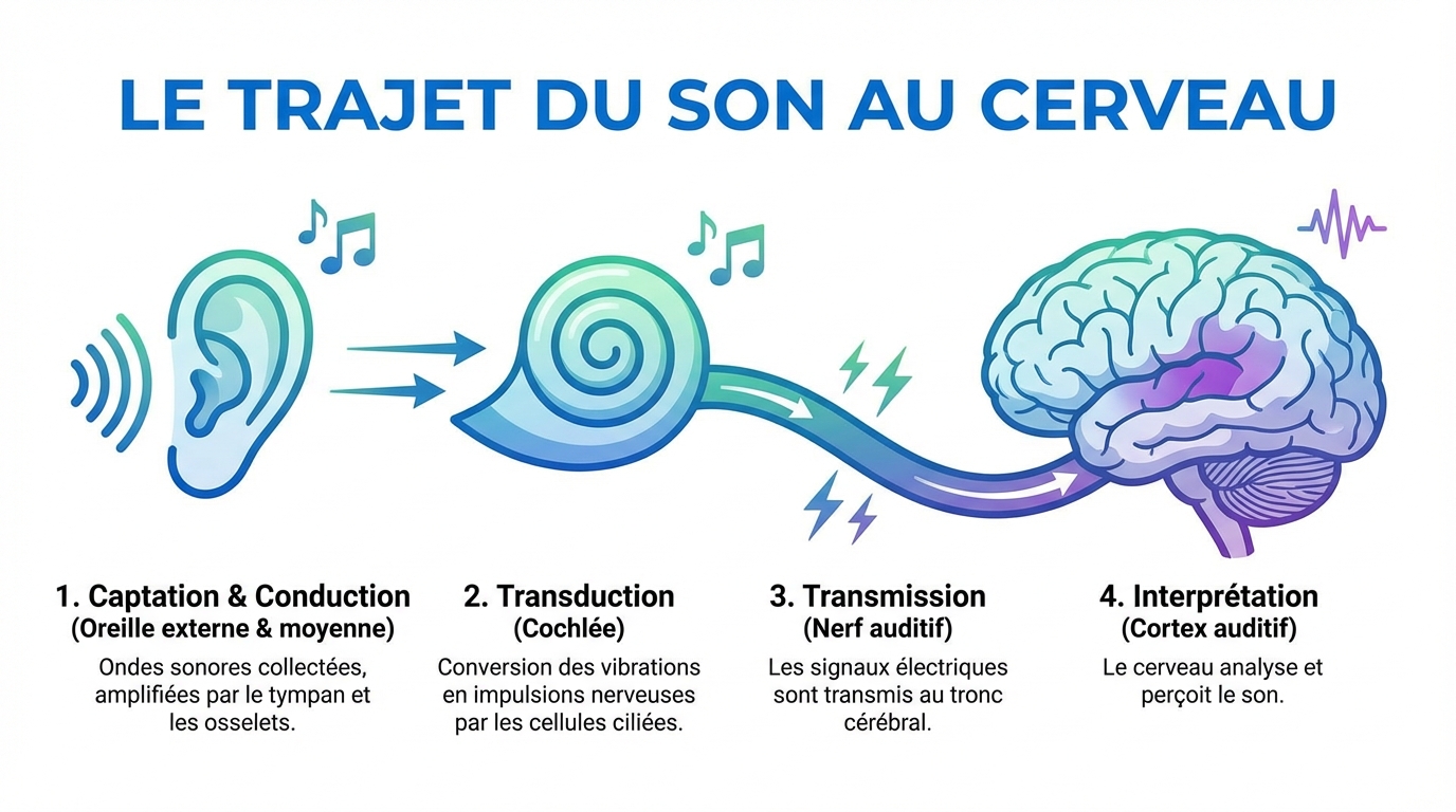 sch&eacute;ma syst&egrave;me auditif humain et trajet des ondes sonores