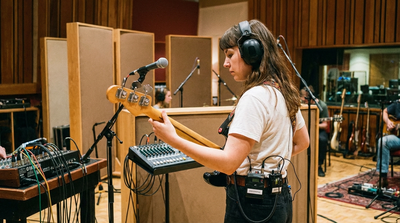 musicien en studio avec dispositif auditif et contr&ocirc;le du son