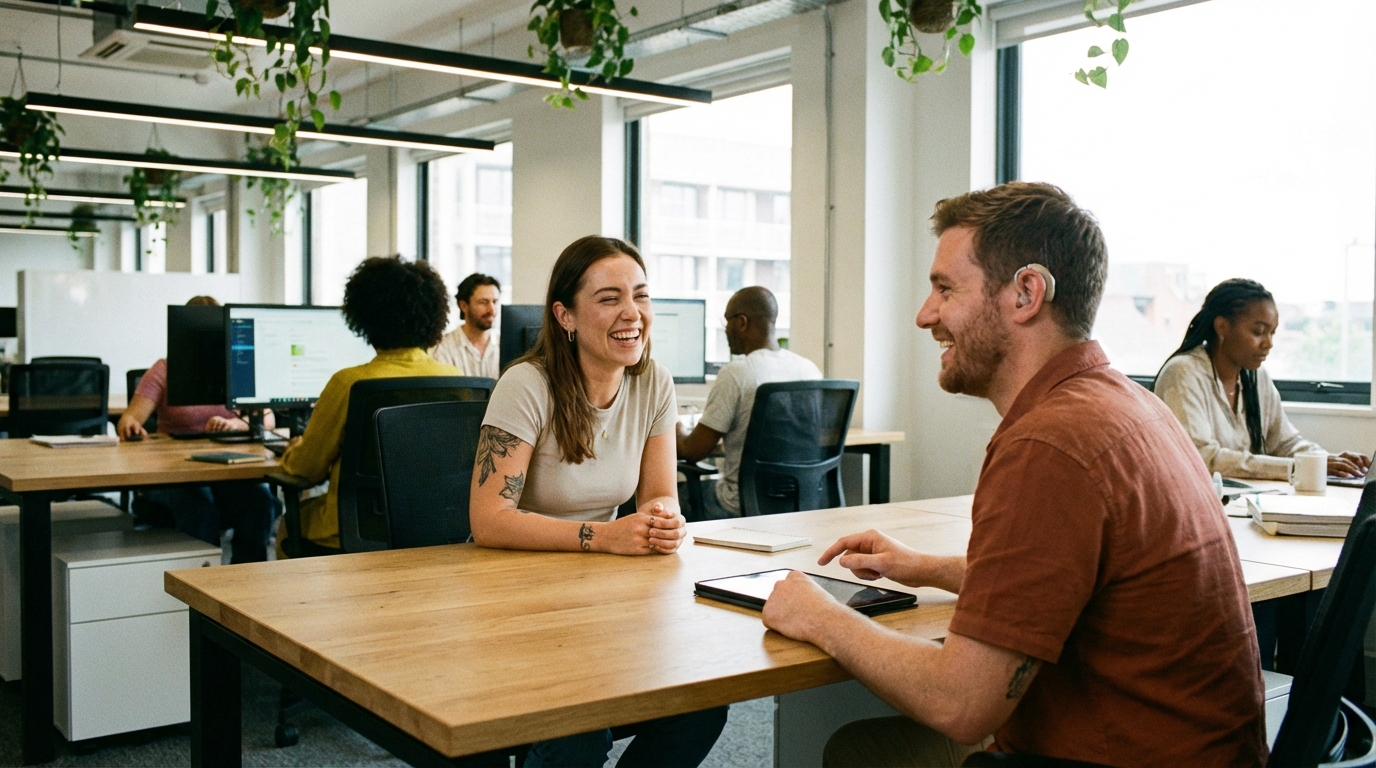 proth&egrave;se auditive travail open space dans un bureau partag&eacute;