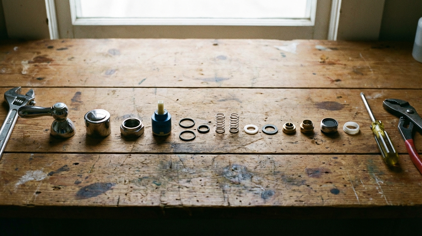 pièces de robinetterie démontées et classées pour remontage