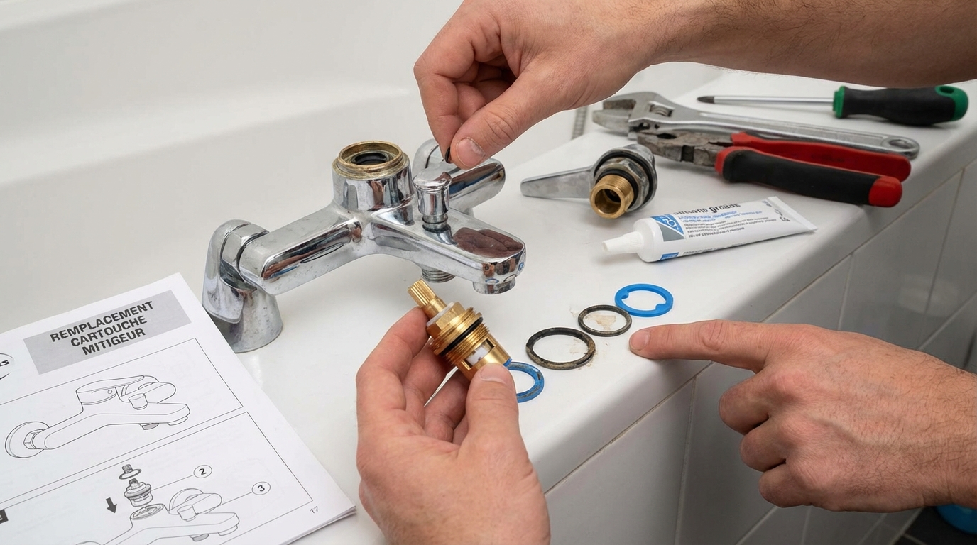 Changement de cartouche sur mitigeur de baignoire pour stopper une fuite