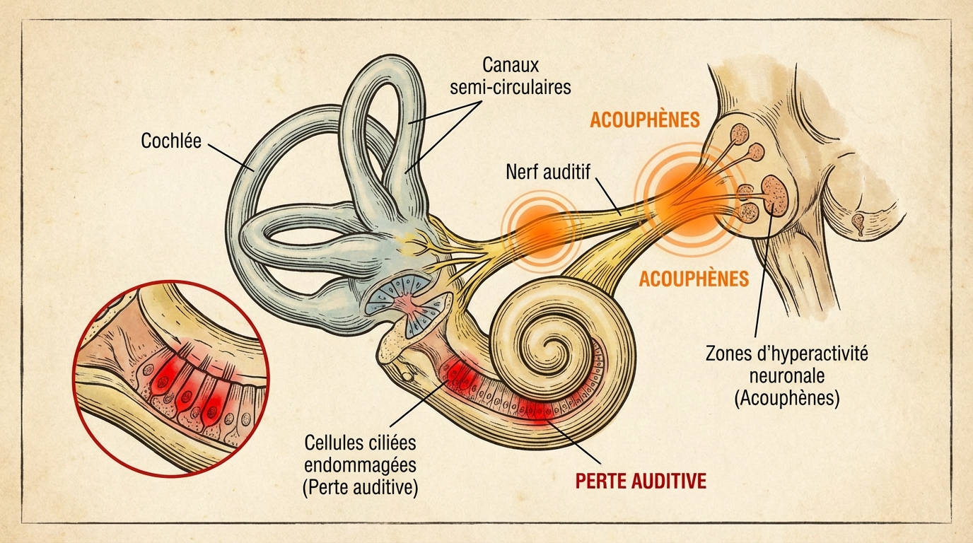 perte d'audition acouph&egrave;nes sch&eacute;ma oreille interne