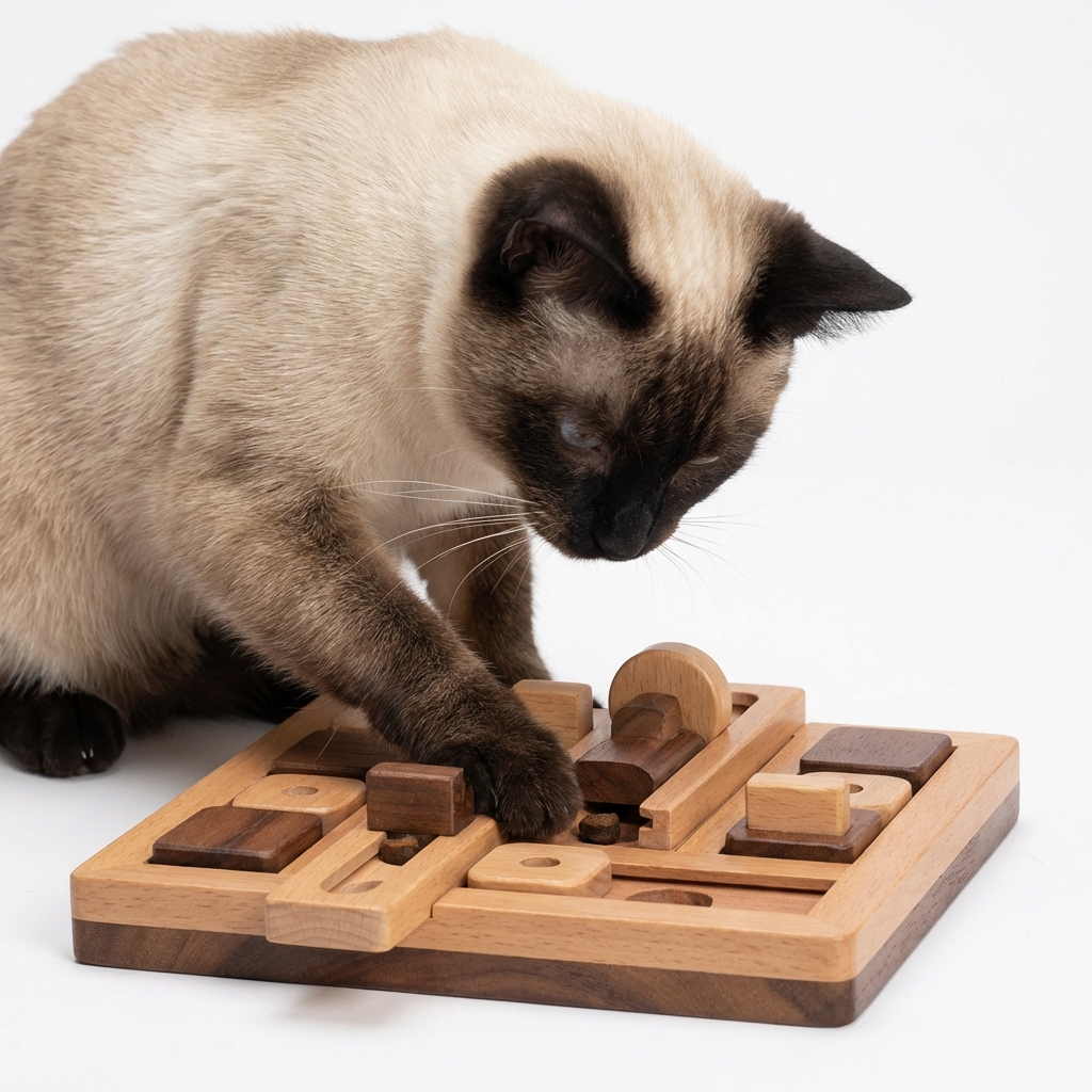 Un chat utilisant un jouet interactif pour stimuler ses neurones en appartement