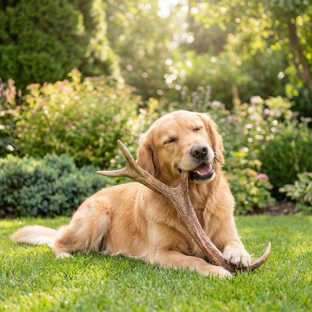 Chien profitant des bienfaits d'un bois de cerf pour ses dents